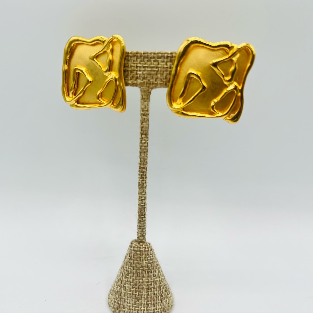Vintage abstract gold clip on funky square earrings 1990s unique